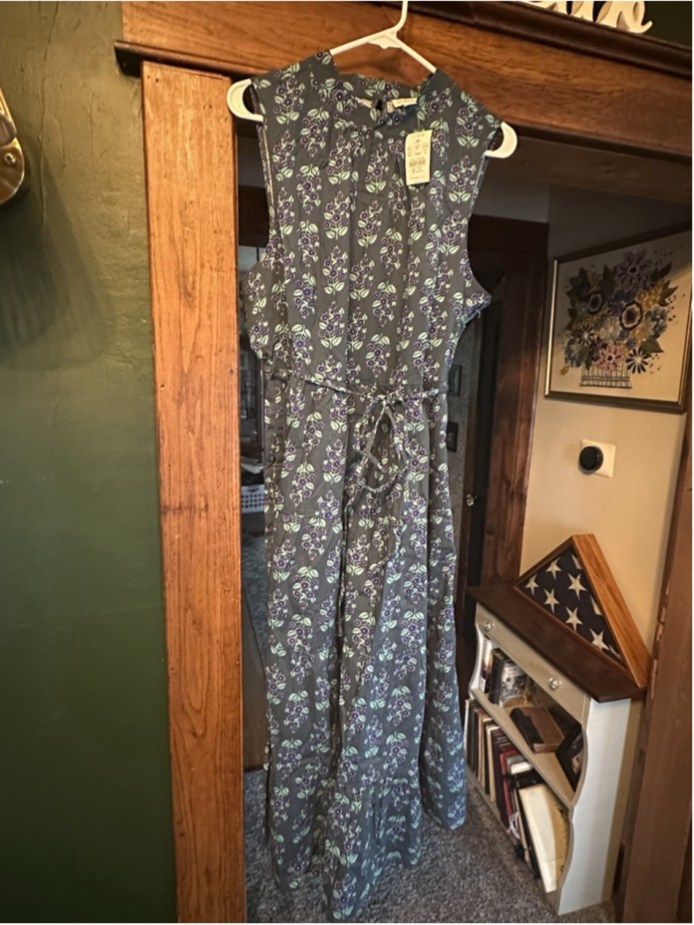 J.CREW Green Floral Maxi Dress Tie Waist Keyhole Back Sleeveless Round Neck 18 - Picture 6 of 8